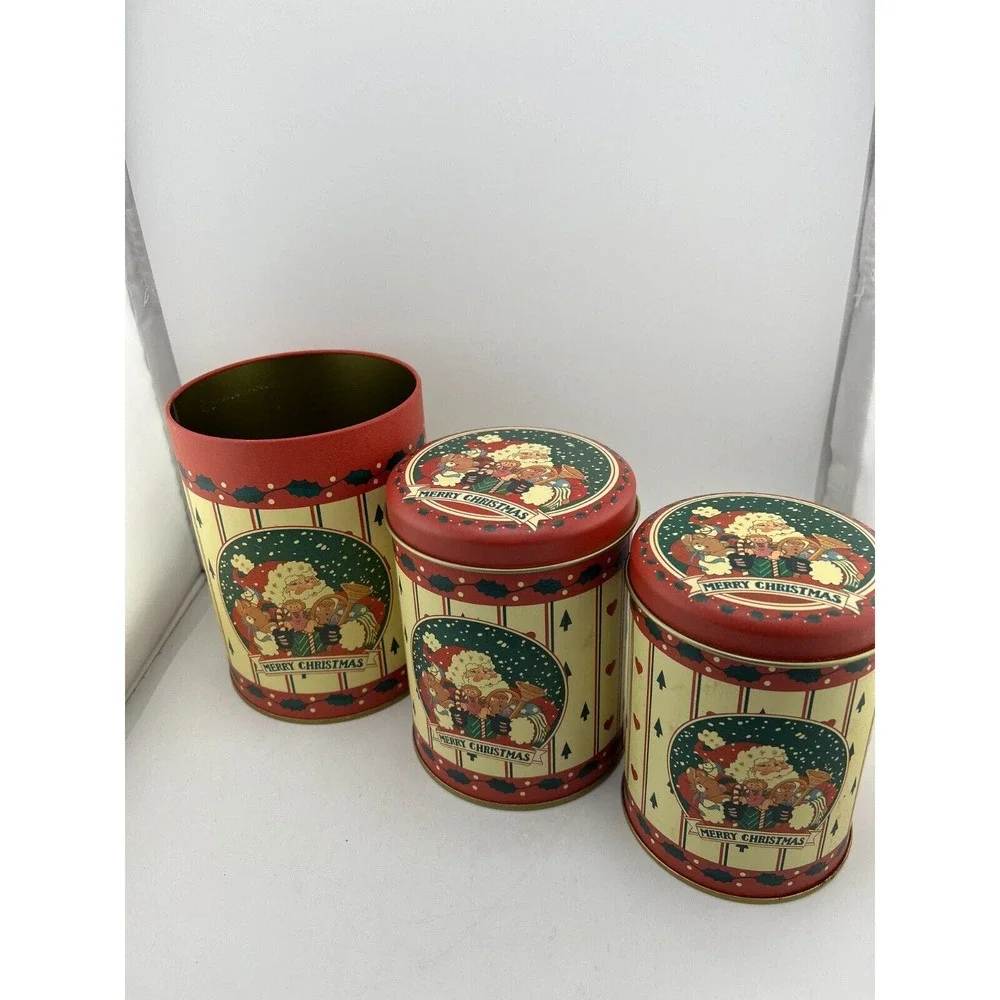 Vintage Holiday Merry Christmas Santa Tin‎ Set of 3